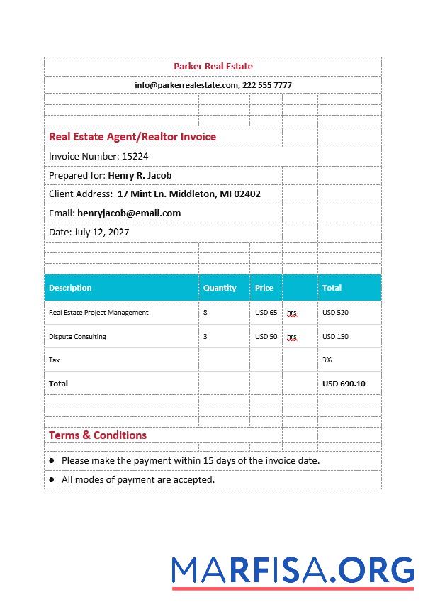 Downloadable Real Estate Agent Realtor Invoice Template